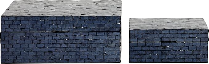 Deco 79 Mother of Pearl Shell Handmade Decorative Box Mosaic Storage Decorative Keepsake Boxes, Set of 2 Storage Boxes 5", 4"H, Dark Blue