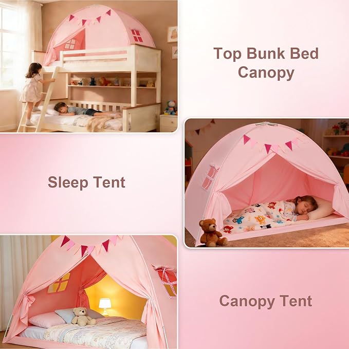 Twin Bed Tent Canopy, Indoor Blackout Privacy Toddler Bed Tent for Kids with Light, Portable Sleeping Floor Kids Playhouse (Pink, Twin Size)