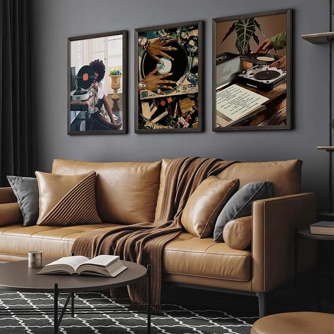 Black Woman Wall Art African American Women Canvas Wall Decor Black Girl Poster Fashion Female People Wall Art Feminine Abstract Pictures Boho Prints for Bedroom Bathroom 16x24 Inch Framed Set of 3