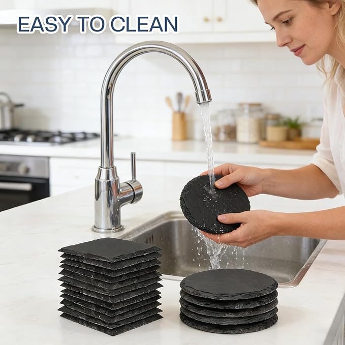 6 Pieces Slate Coasters, Diameter Size 4 inch Black Coasters Stone Coaster Set, Perfect for use in Your Home, Office, Kitchen,bar,Christmas or Anywhere.（3 Square Pieces+3 Round Pieces）