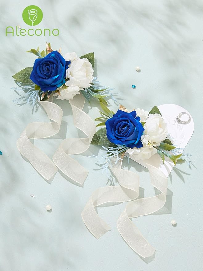 Alecono Set of 2 Wrist Corsage for Wedding, Navy Blue Corsages for Bride Bridesmaid, Artificial Flowers for Prom Graduation Ceremony Anniversary