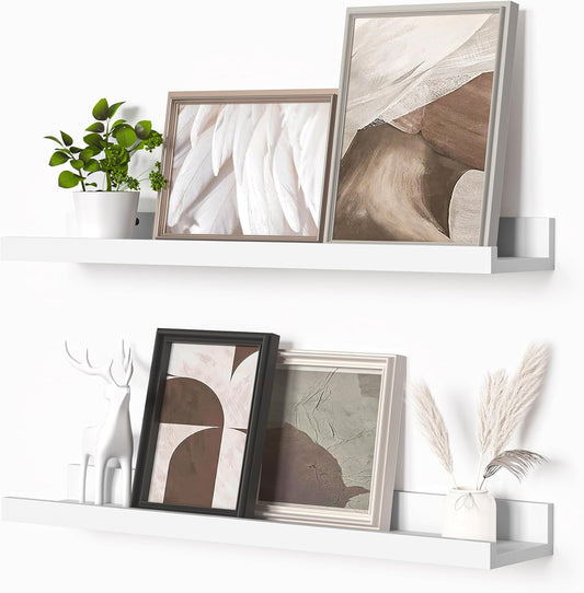 Heimlove Picture Ledge Shelf, Floating Shelves Set of 2, 24 Inches Picture Shelf for Wall with Ledge, Kids Bookshelf Wall Mounted for Living Room Bedroom Decor Books Photo Frames - White