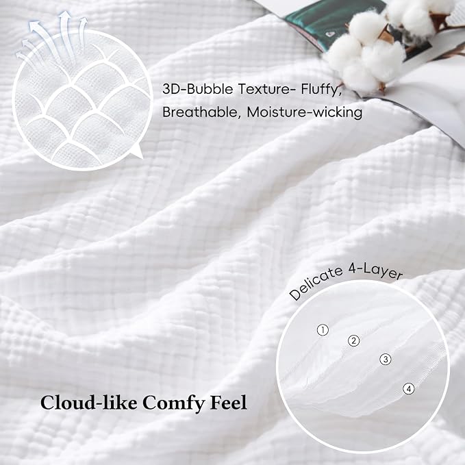 David's Home 100% Cotton Muslin Throw Blanket for College Dorm, 4-Layer Soft Breathable Lightweight Comfy Cozy Throw Guaze for Hot Sleepers, 3D Bubble Room Decor for Bed, Giftable, White, 50"x70"