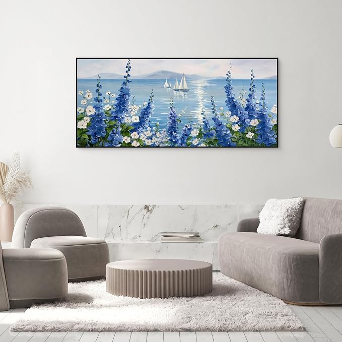 XLSJERST Coastal Painting Picture - Extra Large 70x31 Inches Sailboat Wall Art Nautical Flower Blue Canvas Print Framed Artwork for Living Room Bedroom Home Decoration