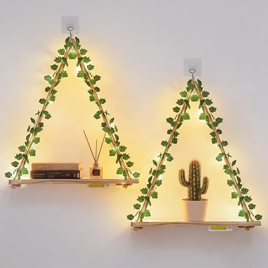 RICHER HOUSE Floating Shelves for Wall, Set of 2 Macrame Hanging Shelf with Artificial Ivy & LED Lights, Boho Room Decor for Bedroom Living Room