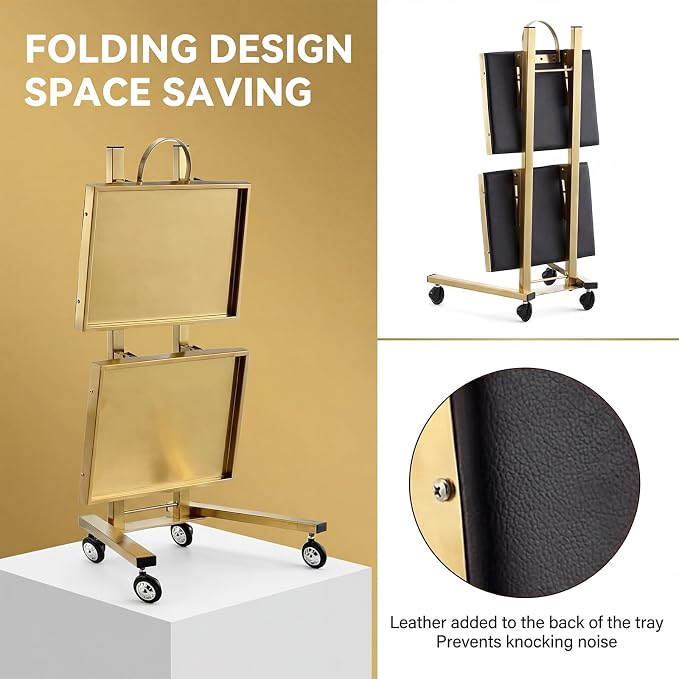 2-Tier Metal Rolling Cart – 34-Inch Folding Stainless Steel Salon Tray on Wheels, Utility Storage Trolley for Estheticians, Salon Studios and Shops, Dental Tools, Gold