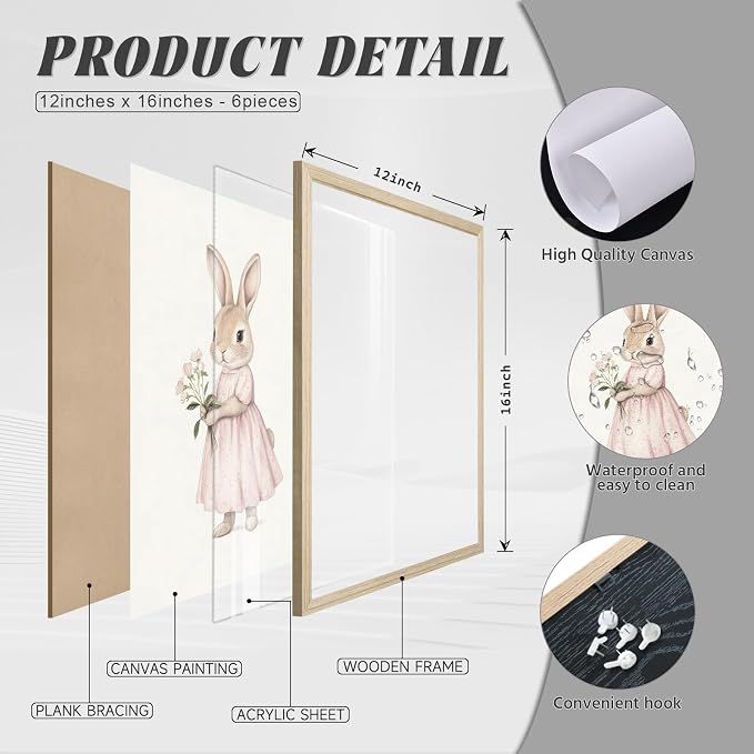Pink Nursery Wall Art Decor Baby Girl Room Pictures Vintage Nursery Canvas Wall Decor Bunny Prints Floral Swan Poster Cute Rabbit Painting Artwork for Toddler Girls Bedroom 12x16x6 Inch Wood Framed