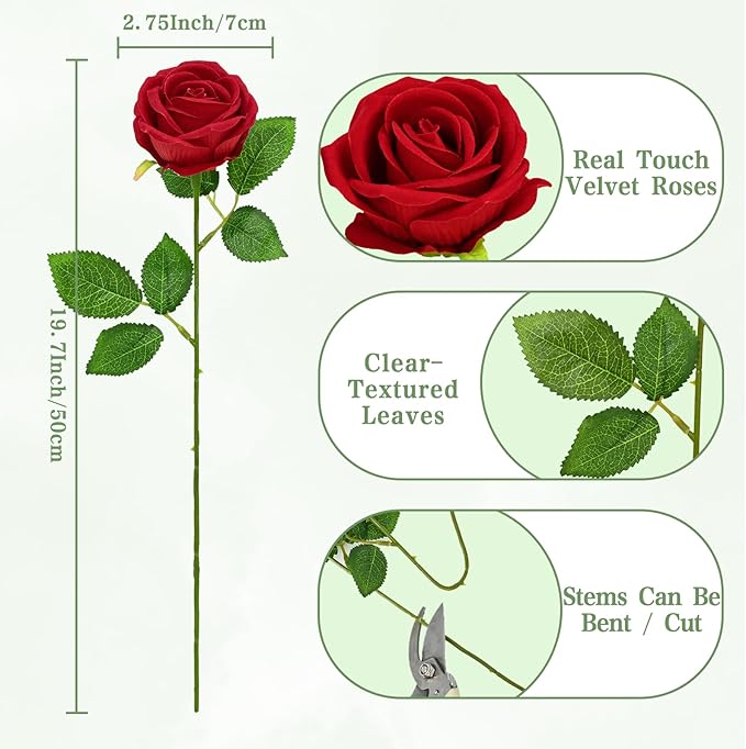 Waipfaru 200 Pcs Red Roses, Fake Roses Artificial Velet Flowers for Valentines Mothers Day Wedding Centerpieces Decor (Red)