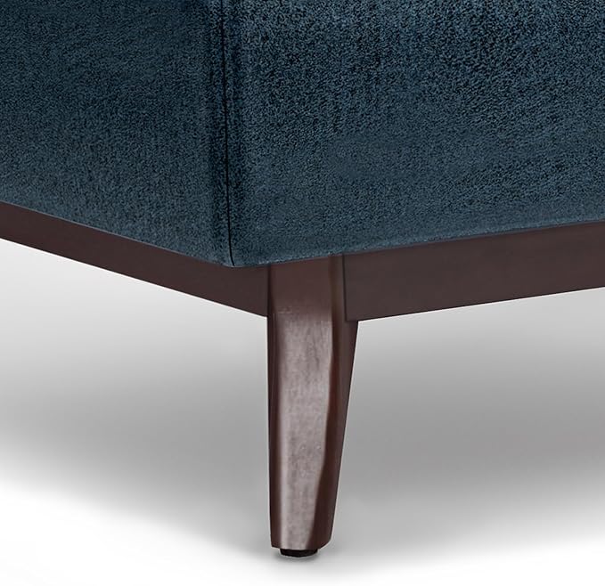 SIMPLIHOME Owen Coffee Table Storage Ottoman - 34" Wide x 19" High Upholstered Vegan Leather Rectangular Lift-Top Ottoman in Distressed Dark Blue, Mid-Century Modern Bench with Tapered Legs