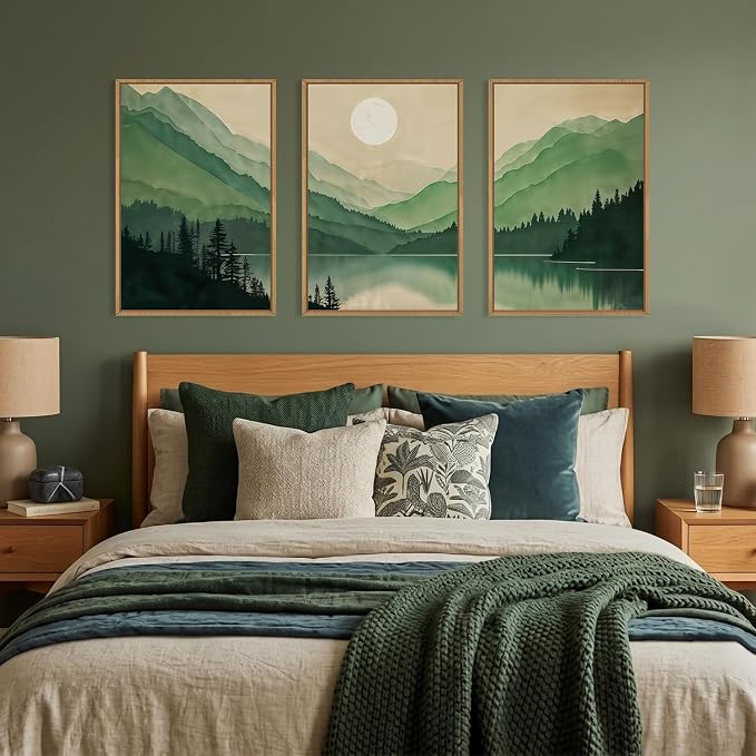 Green Boho Mountain Framed Canvas Wall Art Set, Watercolor Modern Forest Sun Wall Decor,Natural Abstract Lake Landscape Artwork for Living Room,Bedroom,Dining Room,Office-24 x36 x3