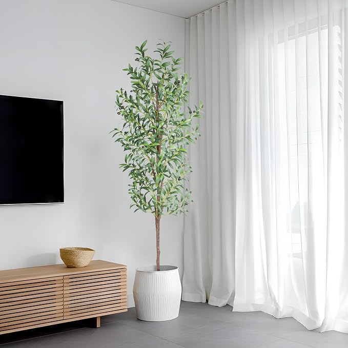 Artificial Olive Tree, 6FT Tall Faux Olive Trees 72in Outdoor Fake Potted Silk Plant with Trunk and Realistic 648 Leaves and 24 Fruits for Modern Office Home Decor Indoor（1pack）