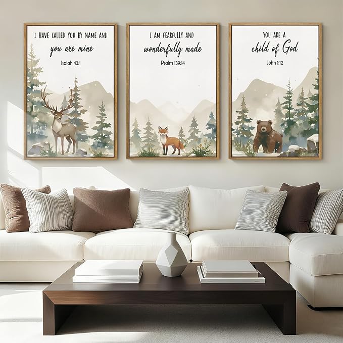 HPNIUB Woodland Animal Christian Framed Wall Art Set,Bible Verse Quote Wall Decor,Nature Forest Religious Art Print,Misty Forest Deer Bear Fox Artwork for Nursery,Kids Bedroom,Study Room-24"x36"x3