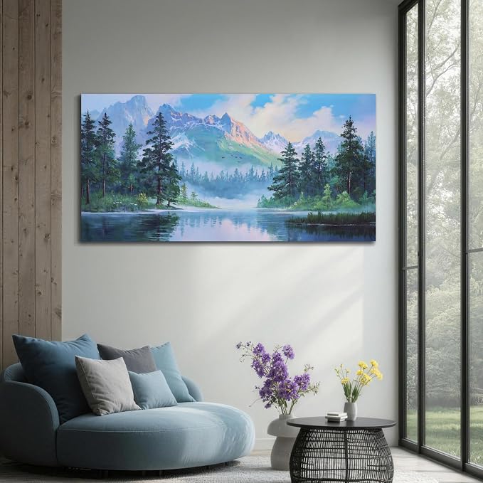 Acocifi Landscape Canvas Wall Art for Living Room 40"x20" Blue Painting | mountain lake forest nature scenery picture pine trees modern wall decor bedroom kitchen artwork framed ready to hang