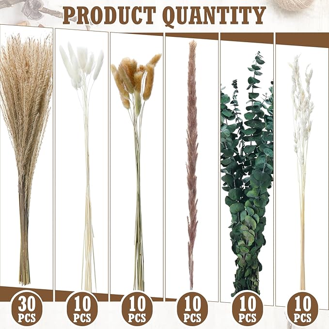 Qinyoung 10 Set Dried Pampas Grass Centerpiece for Wedding Baby Shower Party 10 Glass Flower Jars 10 Artificial Roses 80 Dried Pampas Grass with Rope for Rustic Bridal Farmhouse Decoration(White)