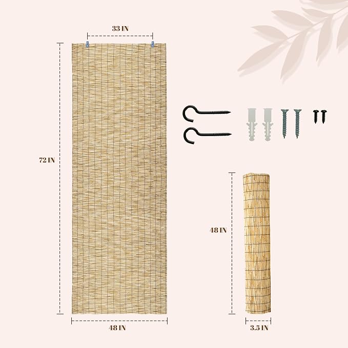 Reed Roller Shades, 48" W x 72" H Waterproof Privacy Screen Bamboo Outdoor Blind, Reed Curtain for Porch, Patio, Yard, Windows (Natural)