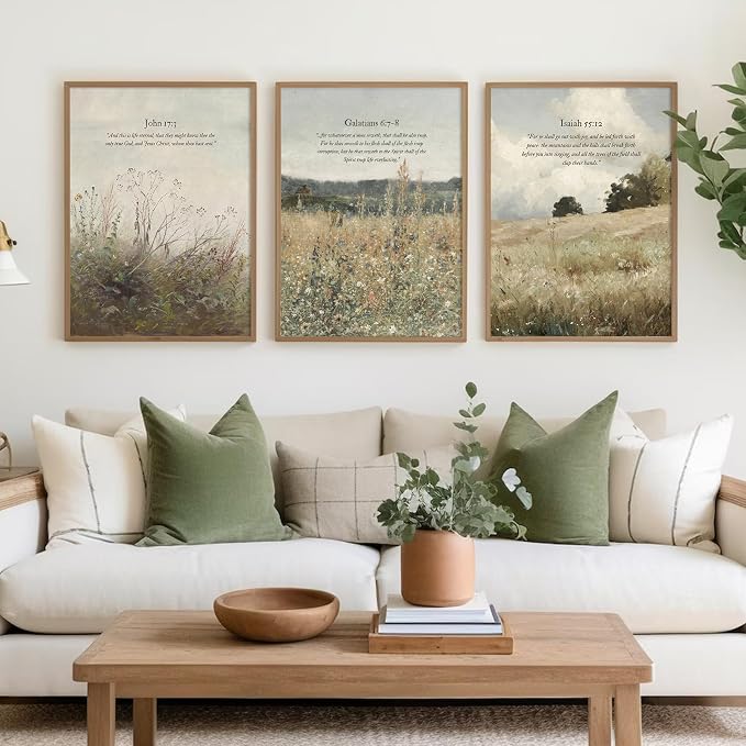 Christian Wall Art Bible Verse Canvas Poster Wildflower Wall Decor Scripture Wall Art Landscape Painting Vintage Field Prints Farmhouse Picture for Bedroom Bathroom 16x24 Inch Unframed Set of 3