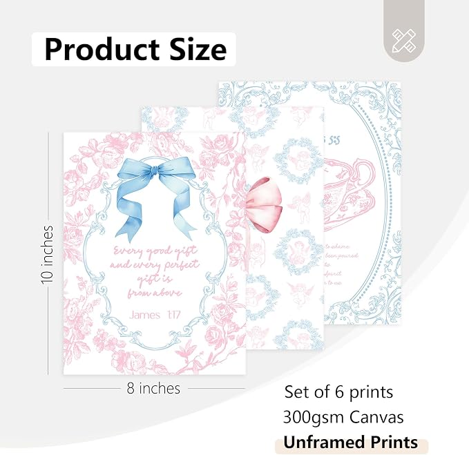 Christian Wall Art Decor Bible Verses Poster Girl Preppy Canvas Room Decor Pink Blue Scripture Wall Art Coquette Floral Bow Aesthetic Prints Trendy Artwork for Girl Bedroom 8x10x6 Inch Unframed