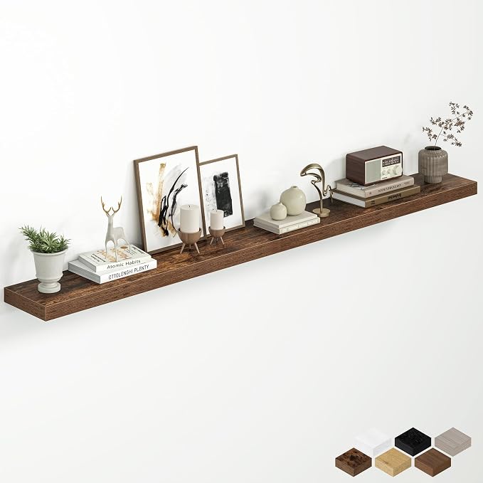 Fun Memories 67 Inch Floating Shelves for Wall, 8 Inch Deep Wall Mounted Wood Shelves with Invisible Brackets for Bathroom, Bedroom & Kitchen Storage Decor, Rustic Brown, 1 Pack