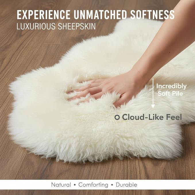 Premium Genuine Fur Sheepskin Rug - Real N.Z. 100% Sheepskin Natural Luxury Fluffy Lambskin Fur Area Rug - Seat Cover for Sofa Chair and Bedroom - 2' W x 3'L - Natural Creamy White Wool