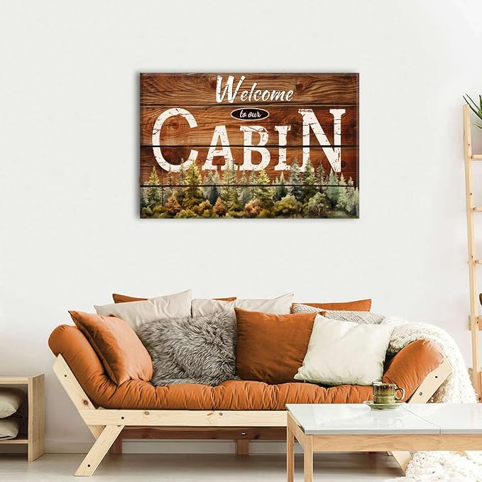 Cabin Wall Art Rustic Farmhouse Forest Wall Decor for Living Room Vintage Brown Wooden Grain Background Prints Welcome to our Cabin Picture Modern Artwork Bedroom Living Room Home Decorations 24x36"