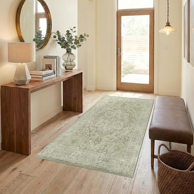 Homemate Washable Rug 4x6 Area Rugs - Vintage Faux Wool Rugs for Living Room Bedroom Dining Room - Non Slip Foldable Carpet Indoor Area Rug for Home Decor（4'x6', Green