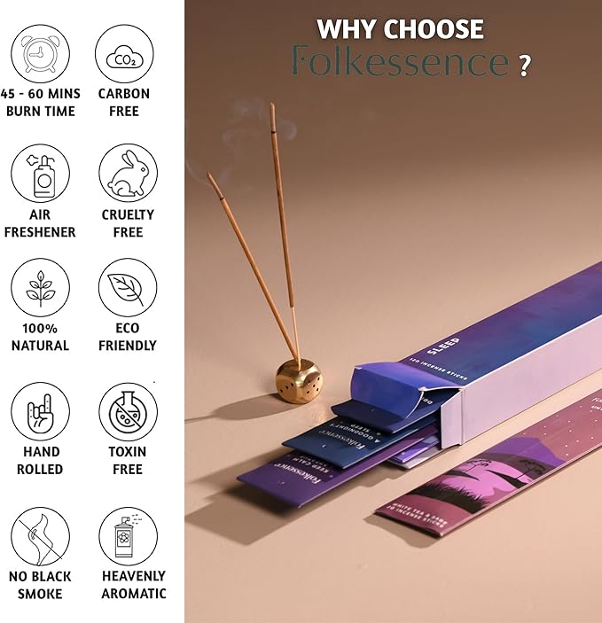 Folkulture Incense Sticks (120 Sticks) | Set of 6 Premium, Deep Sleep, Calm Incense - Night Relaxation | No Charcoal, Organic, Non Toxic, 45 Mins Burning Lavender, Rosemary Insence-Sticks Aromatherapy