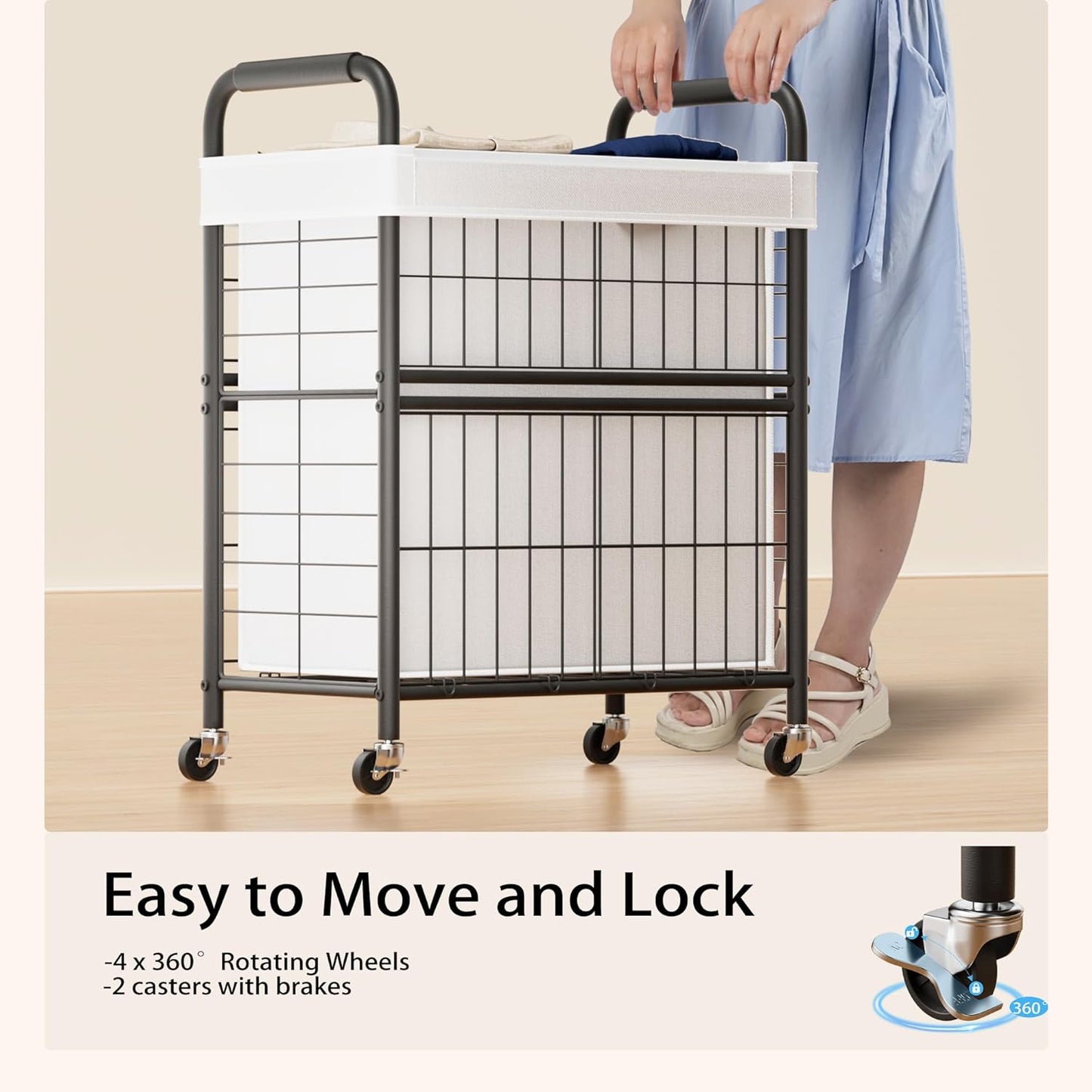 Laundry Hamper 2 Section, 110L Rolling Laundry Sorter Basket with Wheels, 2 Compartment Clothes Organizer Cart, Pull-Out Removable Bags for Laundry Room, Bathroom, Bedroom, White