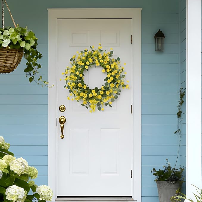 Pinkpum 22 Inch Yelllow Daisy Eucalyptus Wreath, Artificial Spring Summer Floral Wreath for Front Door, Farmhouse Wedding Wall Window Decor