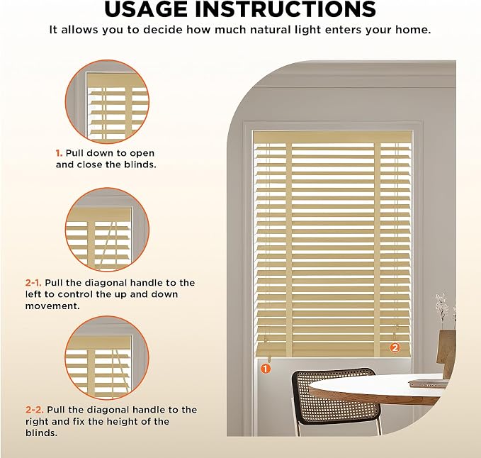 2" Slats Wood Blinds for Indoor Windows: Solid Wooden Blackout Blinds & Shades,Black Out Privacy Horizontal Blinds for Home Bedroom Bathroom Living Room Windows and Doors 35.5" WX72 H Beige