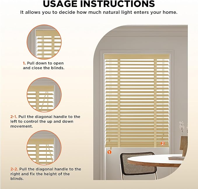 2" Slats Wood Blinds for Indoor Windows: Solid Wooden Blackout Blinds & Shades,Black Out Privacy Horizontal Blinds for Home Bedroom Bathroom Living Room Windows and Doors 29.5" WX48 H Beige