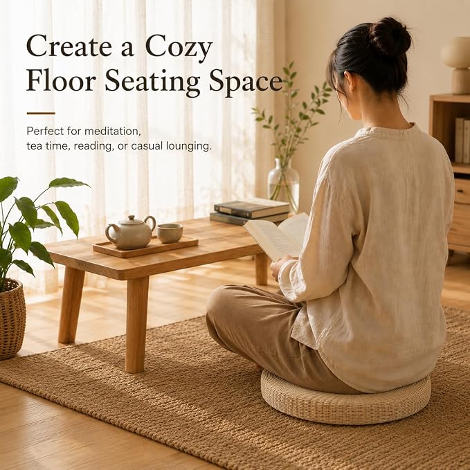 Round Tatami Floor Pillow, Handwoven Straw Cushion, Dia: 15.7" | Natural, Eco-friendly, Lightweight, Anti-Slip, Breathable, for Apartment Living Room Meditation Patio Outdoor Window Seat