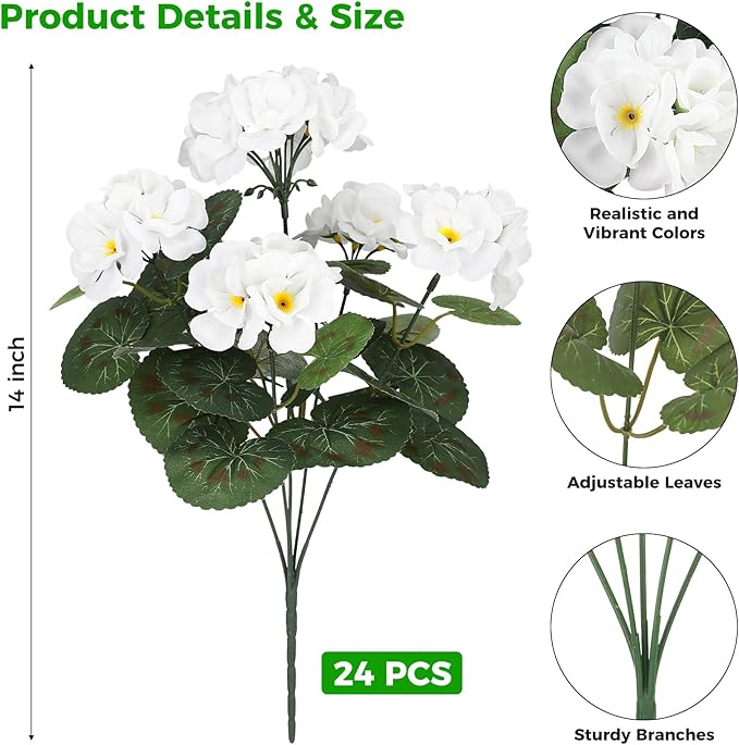 Ouddy Decor Artificial Geranium Flowers for Outdoors, Fake Silk Flowers UV Resistant Faux Geraniums for Vase Planter Garden Patio Balcony Porch Indoor Outdoor Spring Summer Home Decor, 24 Pcs White