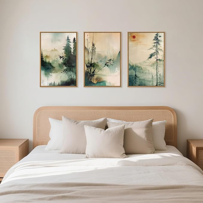 Chinoiserie Nature Framed Canvas Wall Art Set, Mountain and Forest Landscape Painting, Natural Bamboo Pine Tree Lakes Wall Decor for Living Room, Bedroom, Dining Room, Office - 24"x36"x3