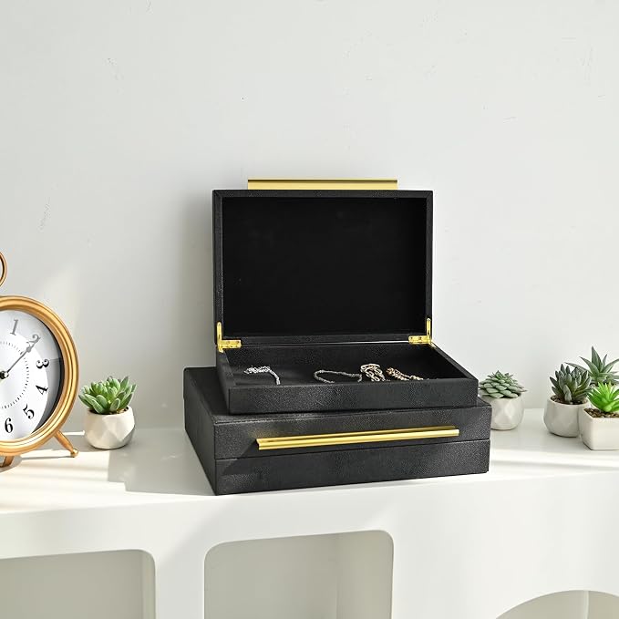 DECOR4SEASON Faux Shagreen Leather Jewelry Boxes Set of 2 with Gold Handles, Decorative Organizer Storage Box for Rings, Earrings, Watches, Dresser, Vanity, Stackable, Black