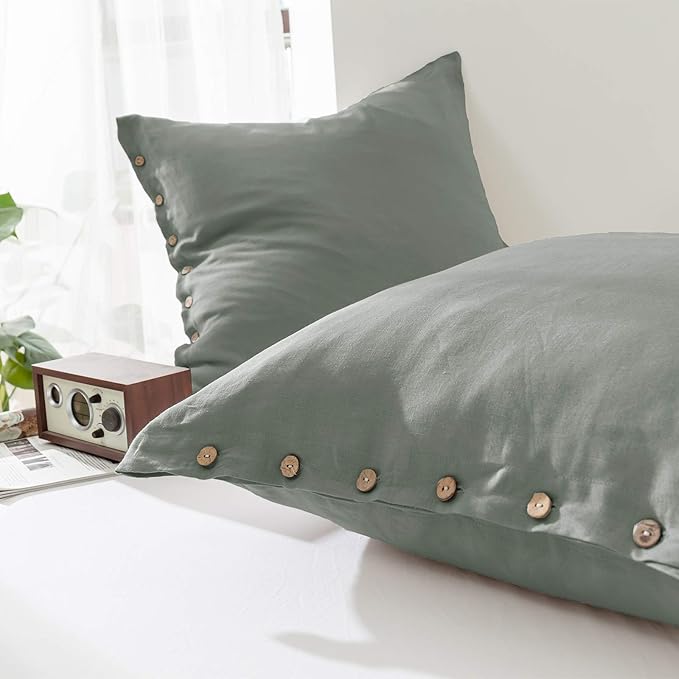Simple&Opulence 100% Washed Linen Euro Sham Cover, 26 x 26 Inch, Decorative Bed Pillow Cover with Coconut Button, Solid Color Pillow Shams Set of 2 (Greyish Green)
