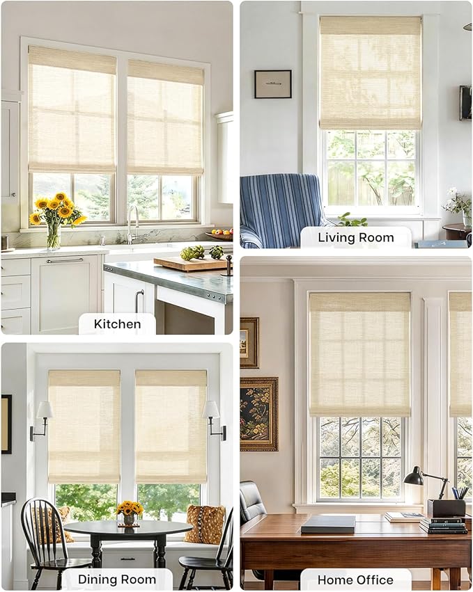 LazBlinds No Drill Cordless Bamboo Roman Shades, Light Filtering Blinds for Indoor Windows, Roll Up Bamboo Blinds for Home, 46" W x 64" H, Star-Beige