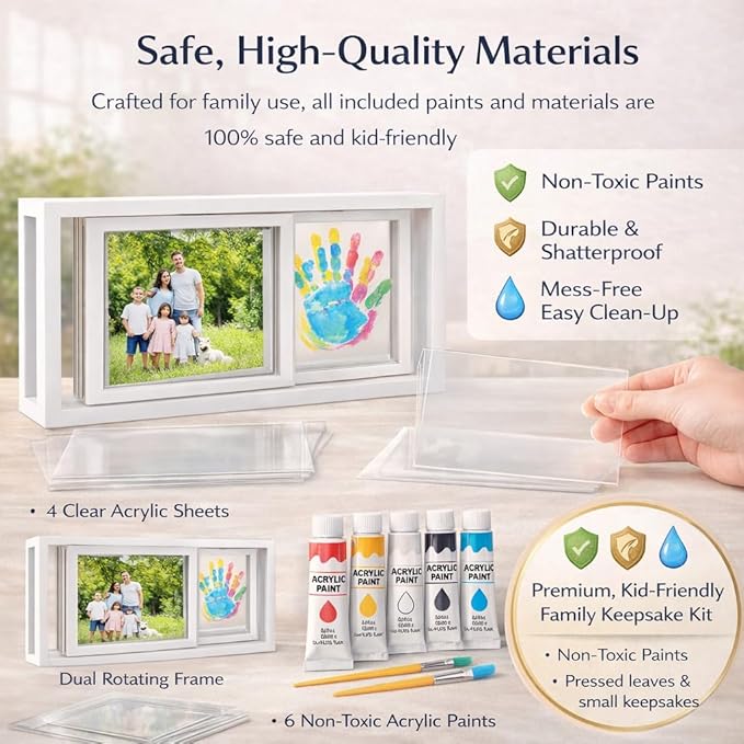 Family Handprint Frame Kit, Dual Rotating Photo & Handprint Display, DIY Keepsake Craft with Wooden Frame, Non-Toxic Paints, Baby Hand & Footprint Kit, Gift for Grandparents & New Parents (White)