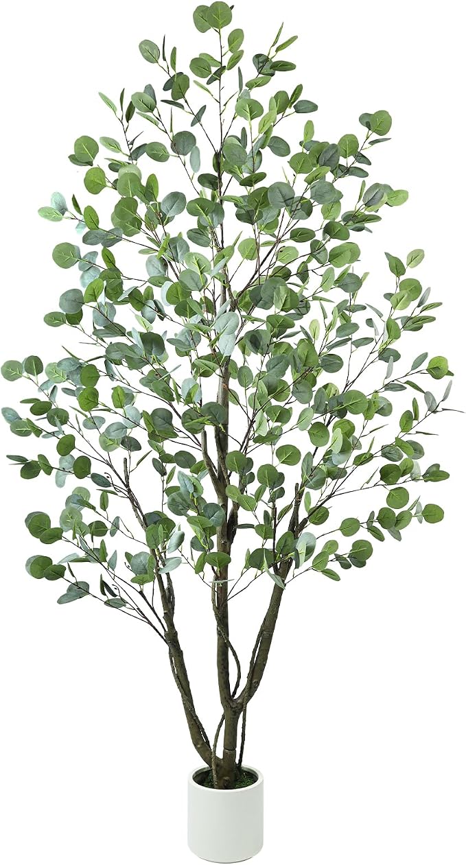Caxchiling Artificial Eucalyptus Tree 6FT, Indoor Outdoor Faux Tree | Natural Trunk with White Planter for Home Office Living Room Front Door Decor