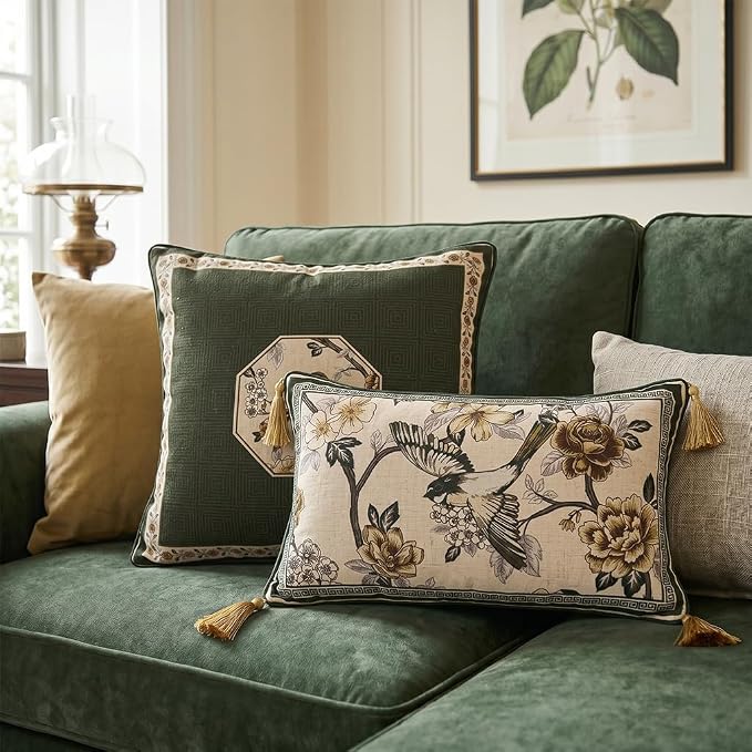ISAENNE Vintage Elegant Linen Rectangle Throw Pillow Cover,20"x12"-Murad A | Designer French Decor Pillow Cover,Concealed Zipper Design,Floral and Bird Pattern,Sofa,Bedroom,Living Room,Lounge Chairs