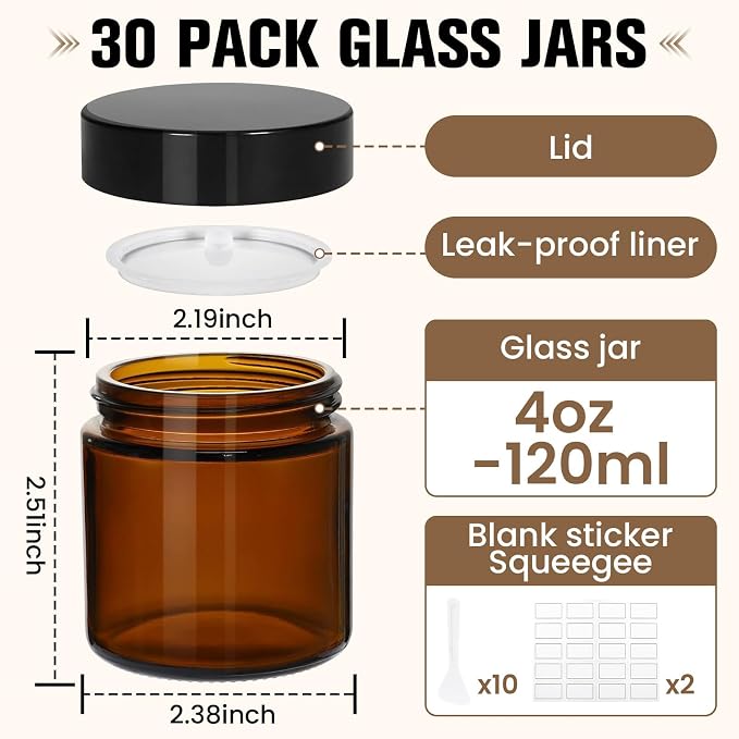 30 Pcs 4 oz Glass Jars with Lids, Amber Glass Jars with 40 Labels & 10 Spatulas, Inner Liners, LeakProof, UV-Protective,Round Glass Containers for Essential Oils, Spices, Candle Making,DIY