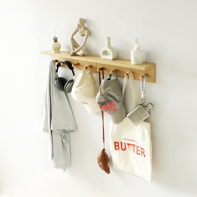 Small Entryway Shelf with Hooks, Wall Mounted Coat Rack with Shelf for Small Spaces, Wooden Floating Wall Organizer for Entryway, Mudroom, Nursery, Bathroom & Kitchen (Oak Finish)