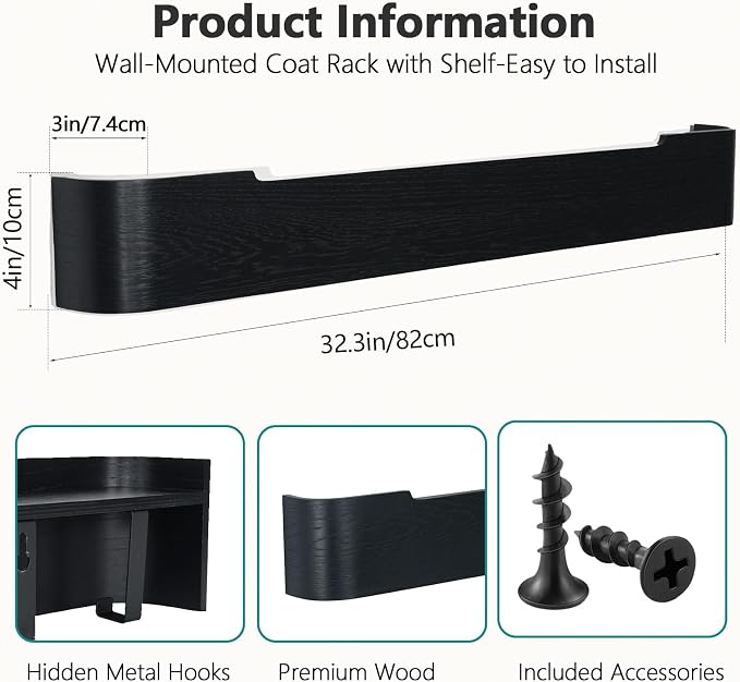 Coat Rack Wall Mount with Shelf 8 Hidden Hooks Modern Wooden Key Holder Entryway Organizer for Hallway Bedroom Bathroom Home Decor Storage for Hanging Coats Hats Bags Towels, Black