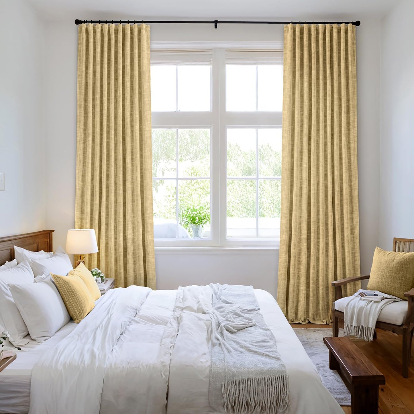 MIULEE Yellow 100% Blackout Linen Curtains 84 Inch 2 Panels Set Double Sided No Coating Pleated Back Tab Black Out Long Thermal Insulated Pinch Pleat Bedroom Living Room Darkening Window Drapes