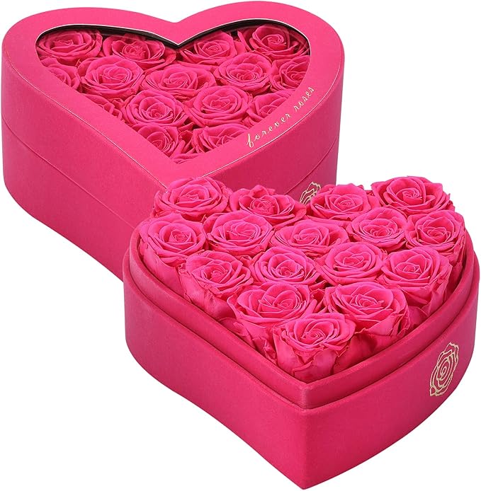 HERBMOTG 16 Forever Real Roses in Heart-Shaped Box with a Curved Design, Grade A Quality-Preserved Roses for Birthday, Mothers Day & Valentines Day (Magenta)