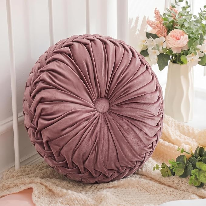 Drydiet 1 Pcs Round Throw Velvet Pillows Decorative Pleated Throw Pillows Diameter Accent Pumpkin Boho Chair Cushion for Couch Sofa Home Decoration (Dusty Rose,15'')