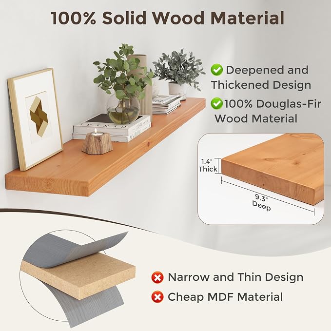 Axeman 55 Inch Floating Shelves for Wall, 9.3" Deep High End Solid Real Wood Wall Shelves with Heavy Duty Invisible Bracket for Living Room, Bedroom, Kitchen, Bathroom, Set of 1, Natural