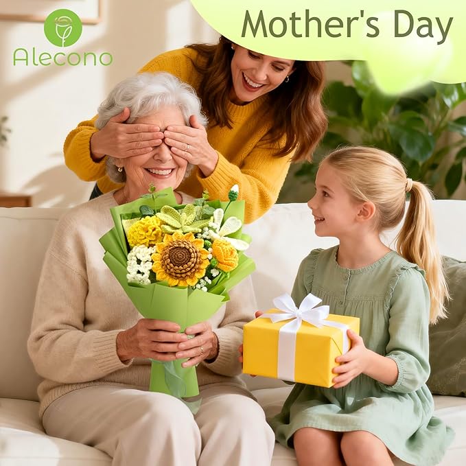 Alecono Crochet Flower Bouquet, Green Knitted Flowers, Crochet Sunflowers for Mother's Day Anniversary Birthday Graduation Lover Valentine Day Gifts (with Card)