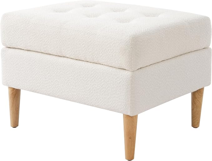 Christopher Knight Home Dalla Boucle Upholstered Ottoman Coffee Table, Small Living Room Sofa Footrest, Wooden Rectangular Ottoman Footstool, Guest Extra Seat, Ivory