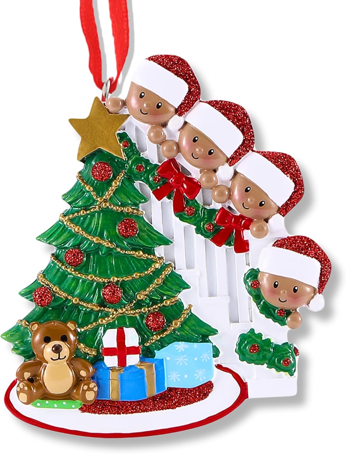 African American Peeking Family of 4 Ornament 2025 Personalized Family Christmas Ornaments 2025 Black Xmas Staircase Personalized Tree Ornaments for Grandchildren Siblings Grandkids of Four Ornament