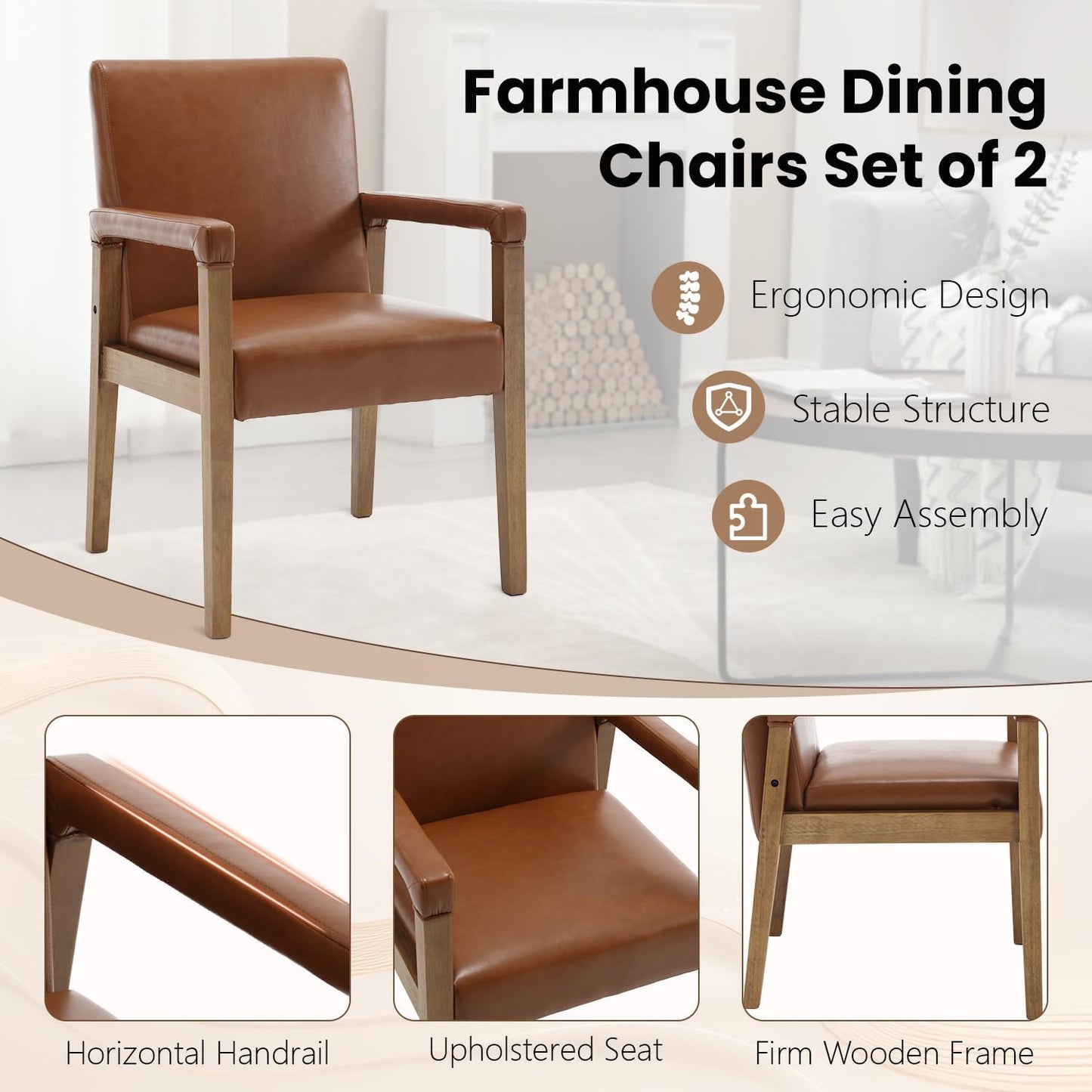 Kmax Modern Dining Chairs Set of 6 Faux Leather Kitchen Arm Chairs Upholstered Accent Chairs with Wooden Legs for Dining Room, Living Room, Bedroom, Brown